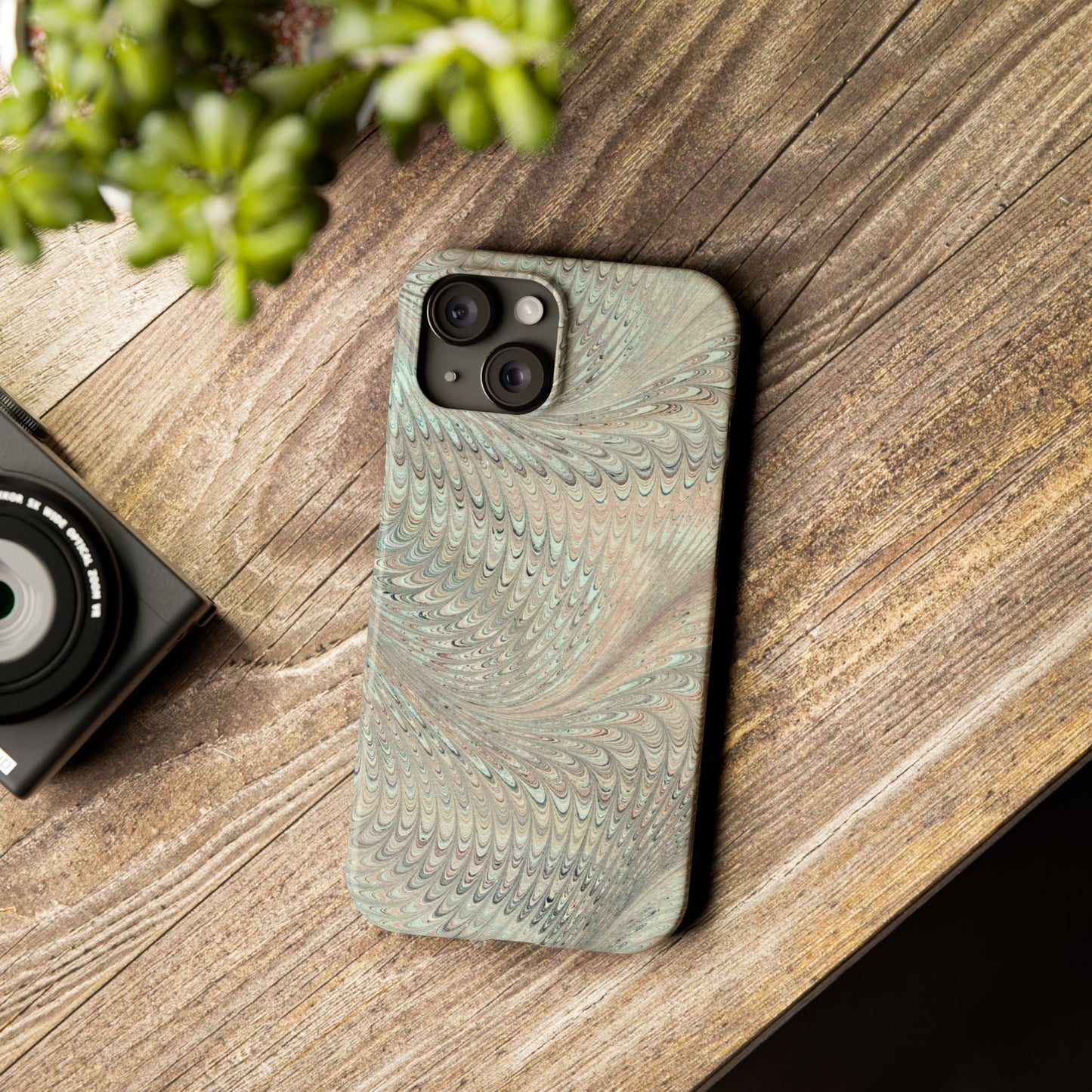 Marbled VIntage Design, Italian Feather Phone Case, Green Hues, Mint, Beige, Neutrals, Slim Phone Cases, IPHONE16 and all sizes